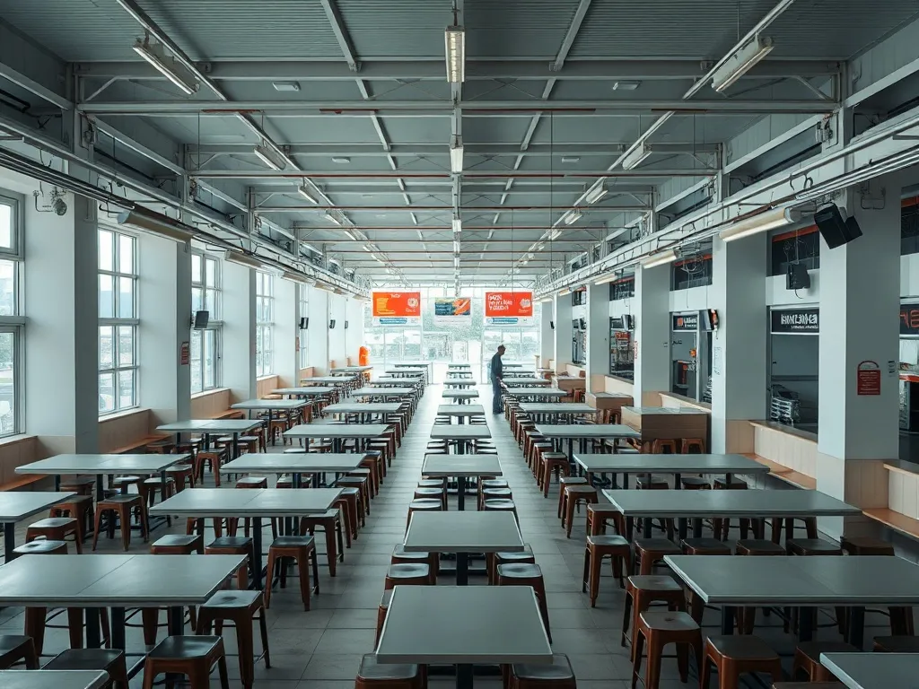 A high-angle minimalist shot of a clean Singapore hawker cen