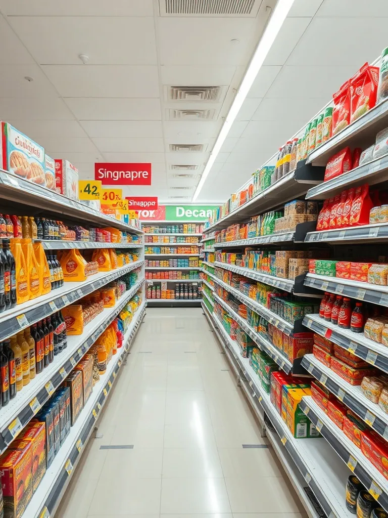 A clean, organized supermarket aisle in Singapore with price