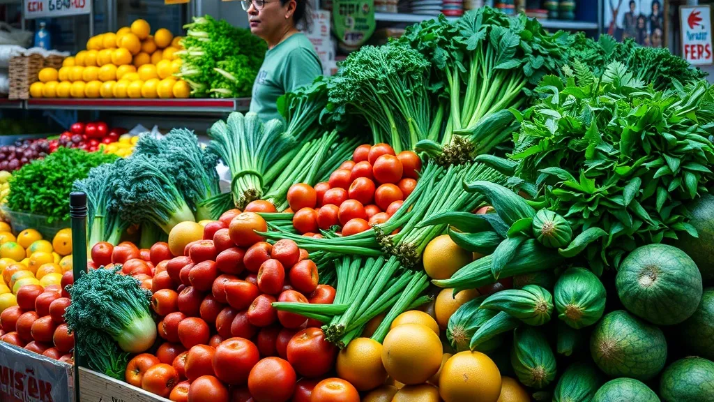 Fresh green vegetables and exotic fruits displayed at a trad
